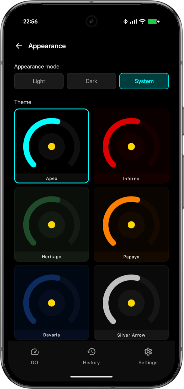 Selector de temas mostrando los temas OLED Apex, Inferno, Heritage, Papaya, Bavaria y Silver Arrow.